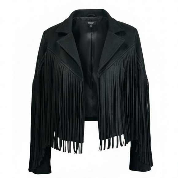 Black Faux Suede Cropped Fringe Jacket Western Boho Festival Women’s Medium - Picture 3 of 8